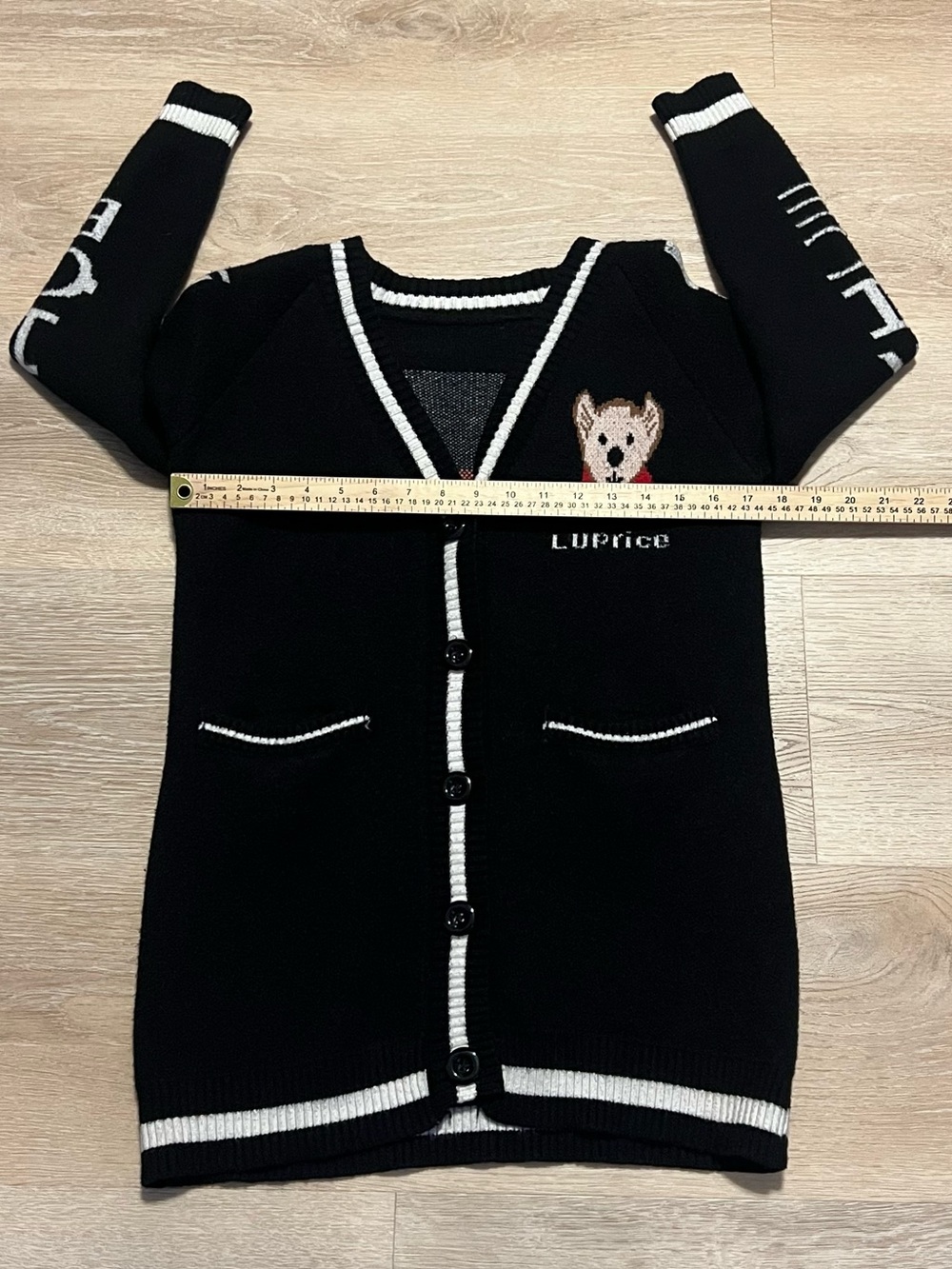 Luprice Teddy Bear Varsity Knit Cardigan Black White Button Front No Tags Small - Picture 10 of 13